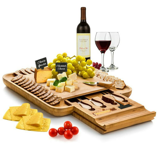 Premium Bamboo Wood Charcuterie Board & Cheese Board with 4-Piece Cutlery Set 